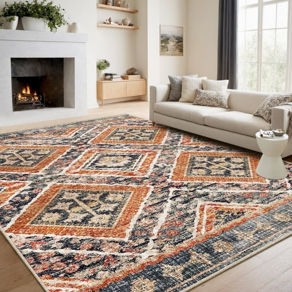 9'x12' Area Rugs for Living Room, Machine Washable Non-Slip Carpet, Soft Faux Wool Low Pile Moroccan Farmhouse Western Rug, Orange