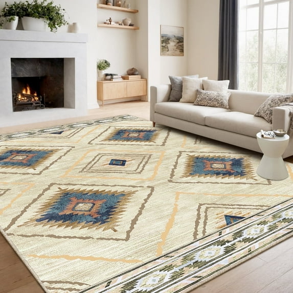 9'x12' Area Rugs for Living Room, Machine Washable Non-Slip Carpet, Soft Faux Wool Low Pile Moroccan Farmhouse Western Rug, Yellow