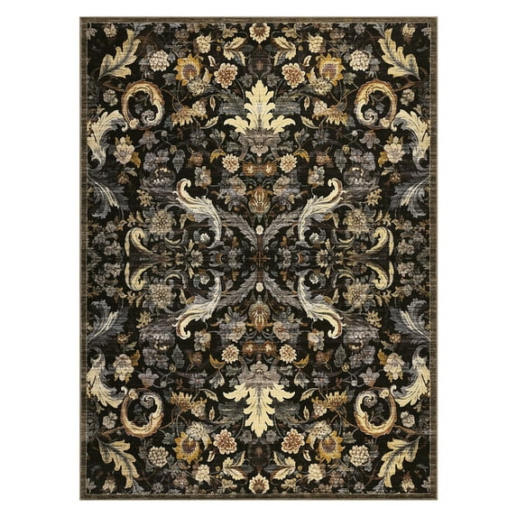 9'x12' Area Rug for Living Room, Washable Rug Low Pile Retro Accent Floral Rug Non-Slip Foldable Carpet for Bedroom, Dining Room Brown