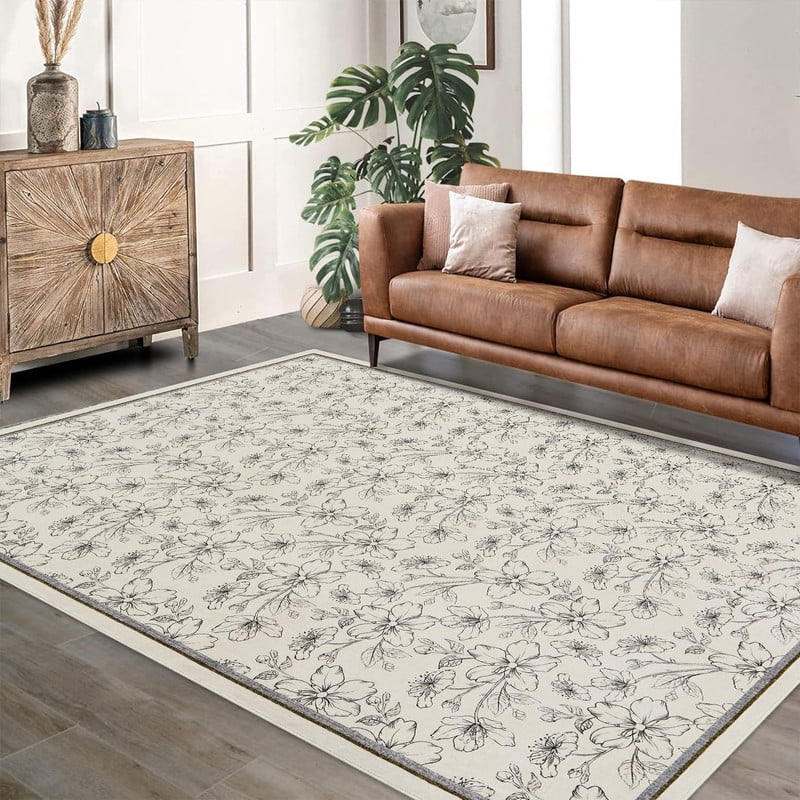 9'x12' Area Rugs Boho Floral Bedroom Washable Low Pile Non Slip Indoor Carpet for Nursery Playroom Living Room Beige