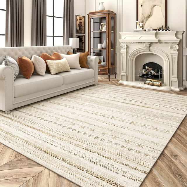 9'x12' Neutral Geometric Brown Washable Rug, Boho Carpet for Living
