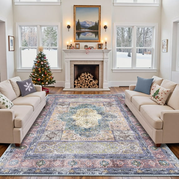 9'x12' Area Rugs for Living Room, Machine Washable No-Pile Non-Slip Soft Vintage Rugs, Indoor Print Bohemian Distressed Carpet, Purple