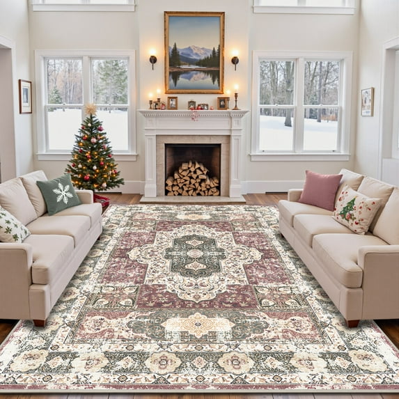 NewBuros Boho 9'x12' Area Rugs for Living Room, Washable Rugs Non-Slip Stain Resistant, Soft No-Pile Vintage Distressed Indoor Carpet for Bedroom Dining Room, Red