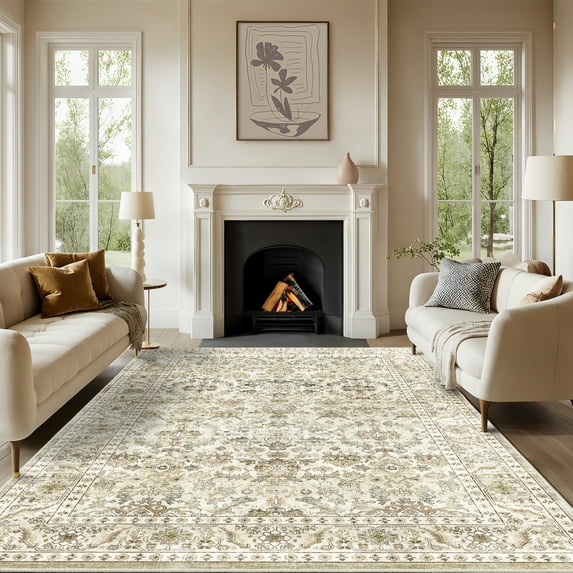 9'x12' Area Rugs for Living Room Vintage Indoor Rug Low Pile Non Slip Carpet for Bedroom Dining Room Office Home Decor, Beige