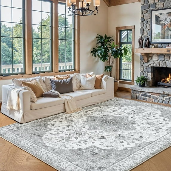 CHITOOMA 9'x12' Boho Area Rugs for Living Room, Machine Washable Stain Resistant Non-Shed Carpet, Floral Area Rug with Non-Slip Backing for Bedroom, Dining Room, Dorm, Office