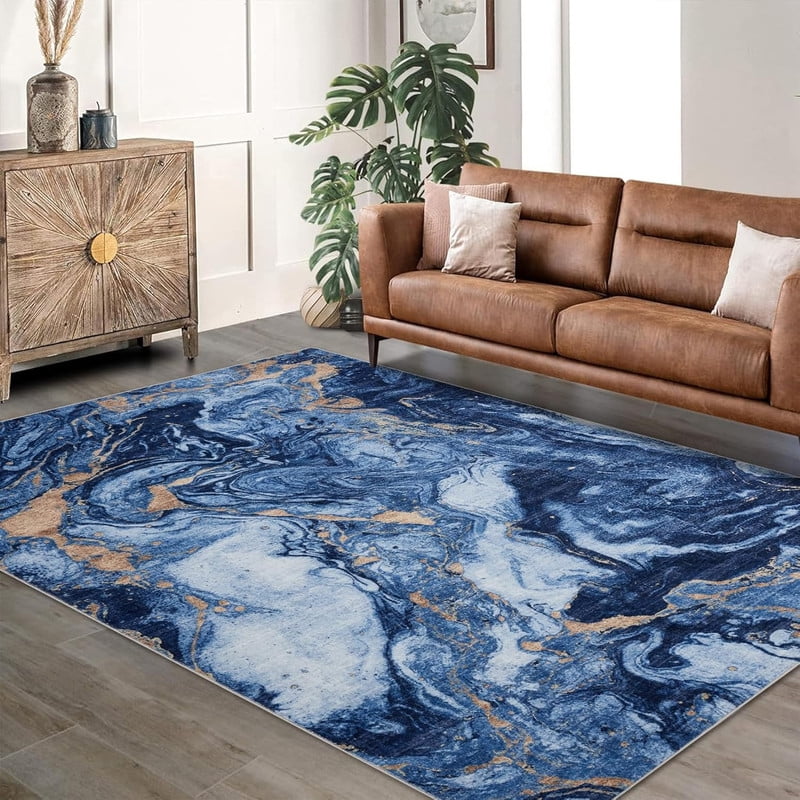 9'x12' Boho Vintage Area Rug – Soft Modern Abstract Design, Machine Washable Non-Slip Carpet for Living Room, Farmhouse, Kids Room & Dining Room Blue