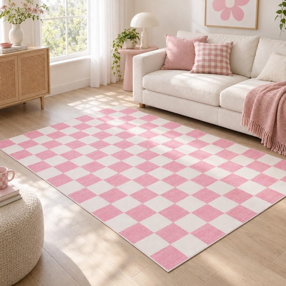 9'x12' Checkerboard Machine Washable Area Rug, Stain Resistant Non-Slip ...