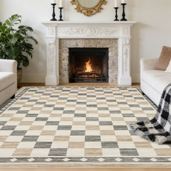 9'x12' Checkered Area Rug, Washable Soft Geometric Rug, Non-Slip Low-Pile Carpet for Living Room, Bedroom, Dining Room, Beige