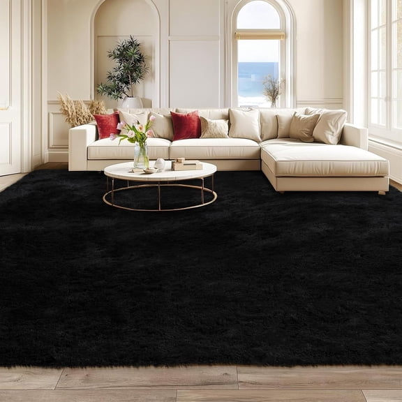 9'x12' Extra Large Shaggy Area Rug, Modern Tie-Dye Soft Fuzzy Carpet for Living Room, Plush Floor Rug for Open Floor Plan, Non-Shedding, Machine Washable, Black