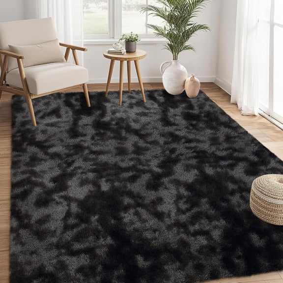 9'x12' Extra Large Shaggy Area Rug, Modern Tie-Dye Soft Fuzzy Carpet for Living Room, Plush Floor Rug for Open Floor Plan, Non-Shedding, Machine Washable, Tie-Dyed Black/Grey