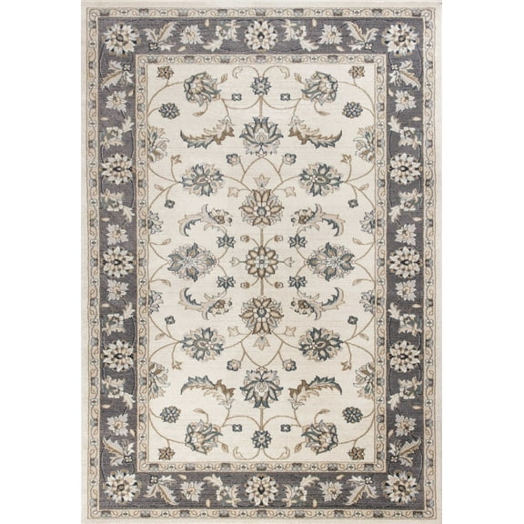 9'x12' Ivory Grey Bordered Floral Indoor Area Rug