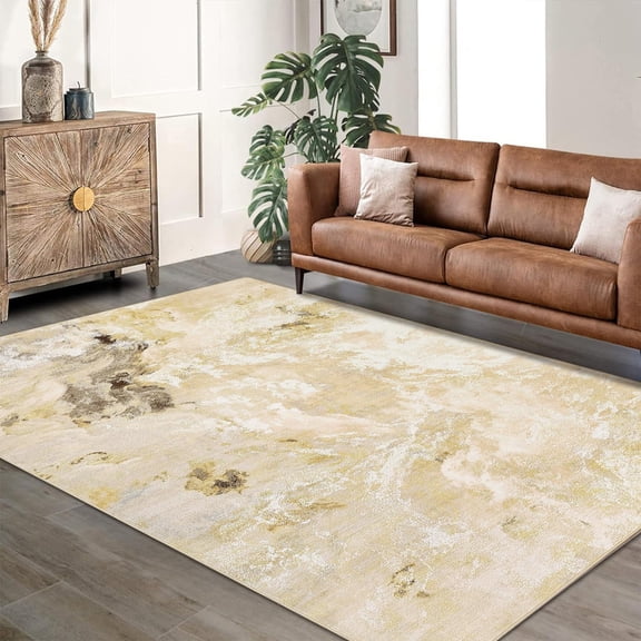 9'x12' Large Washable Area Rugs for Living Room, Abstract Geometric Rug Non-Slip Stain Resistant Low Pile Floor Carpet for Bedroom Brown