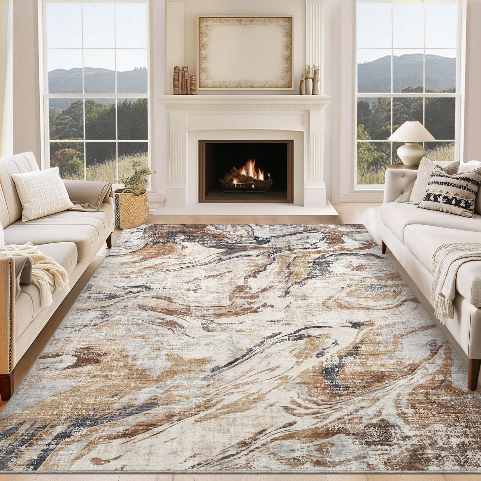 9'x12' Machine Washable Area Rug – Modern Marble Abstract Low Pile Non-Slip Living Room Carpet
