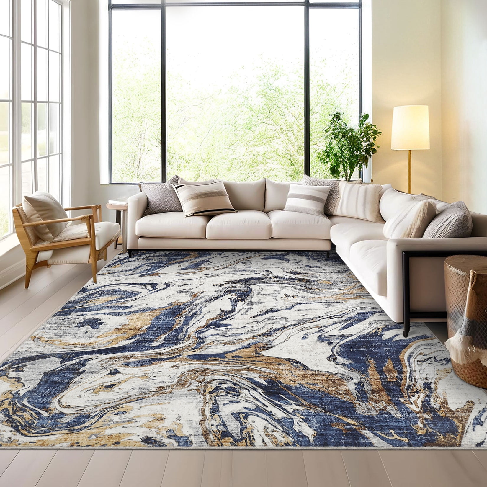 9'x12' Machine Washable Area Rug – Modern Marble Abstract Low Pile Non-Slip Living Room Carpet