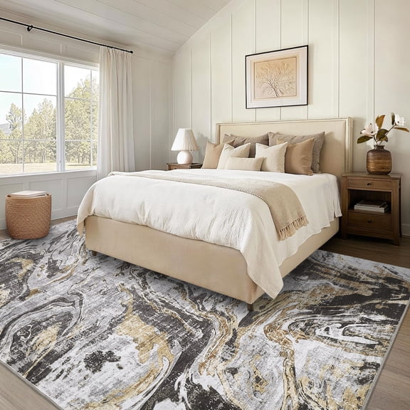9'x12' Machine Washable Area Rug – Modern Marble Abstract Low Pile Non-Slip Living Room Carpet
