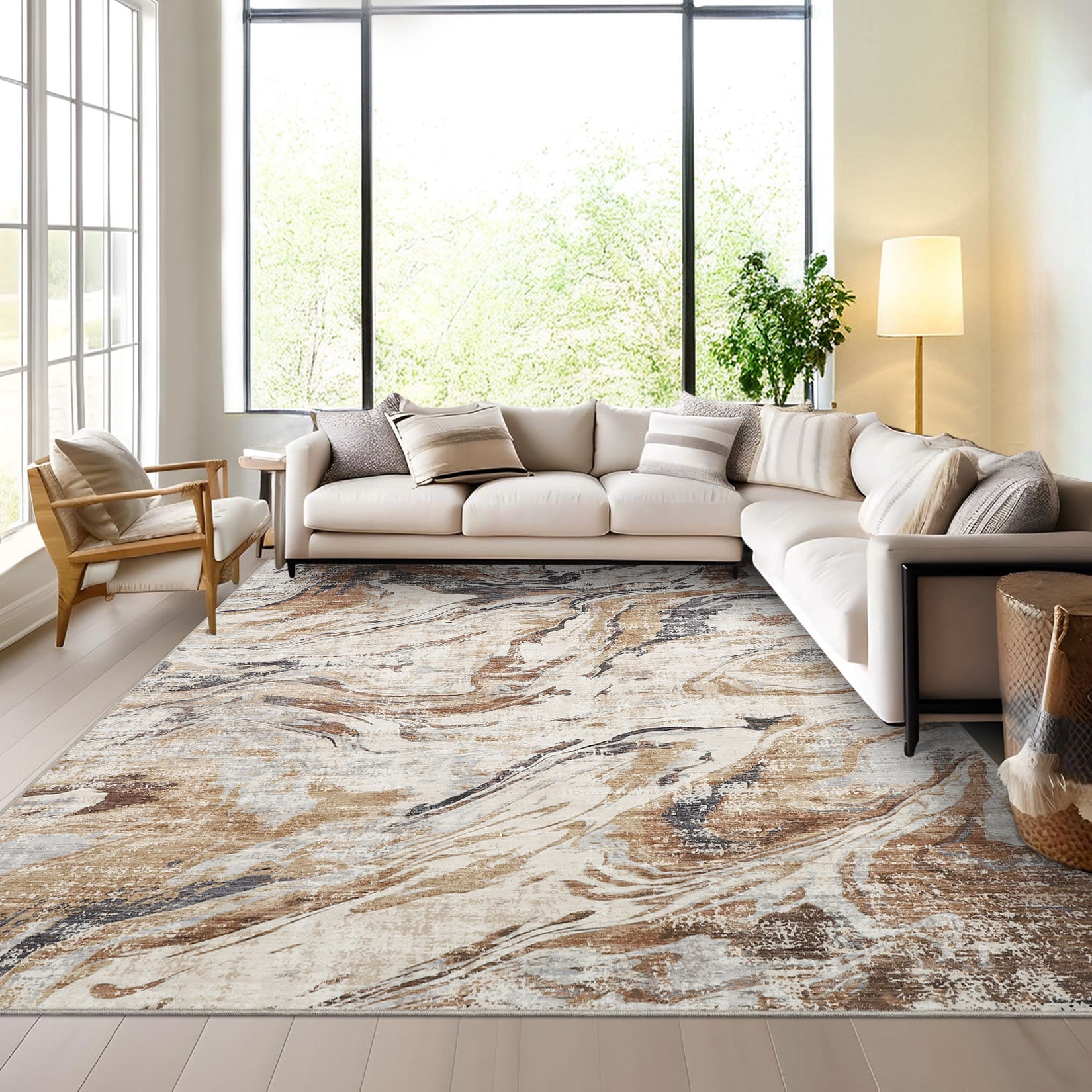 9'x12' Machine Washable Area Rug – Modern Marble Abstract Low Pile Non-Slip Living Room Carpet
