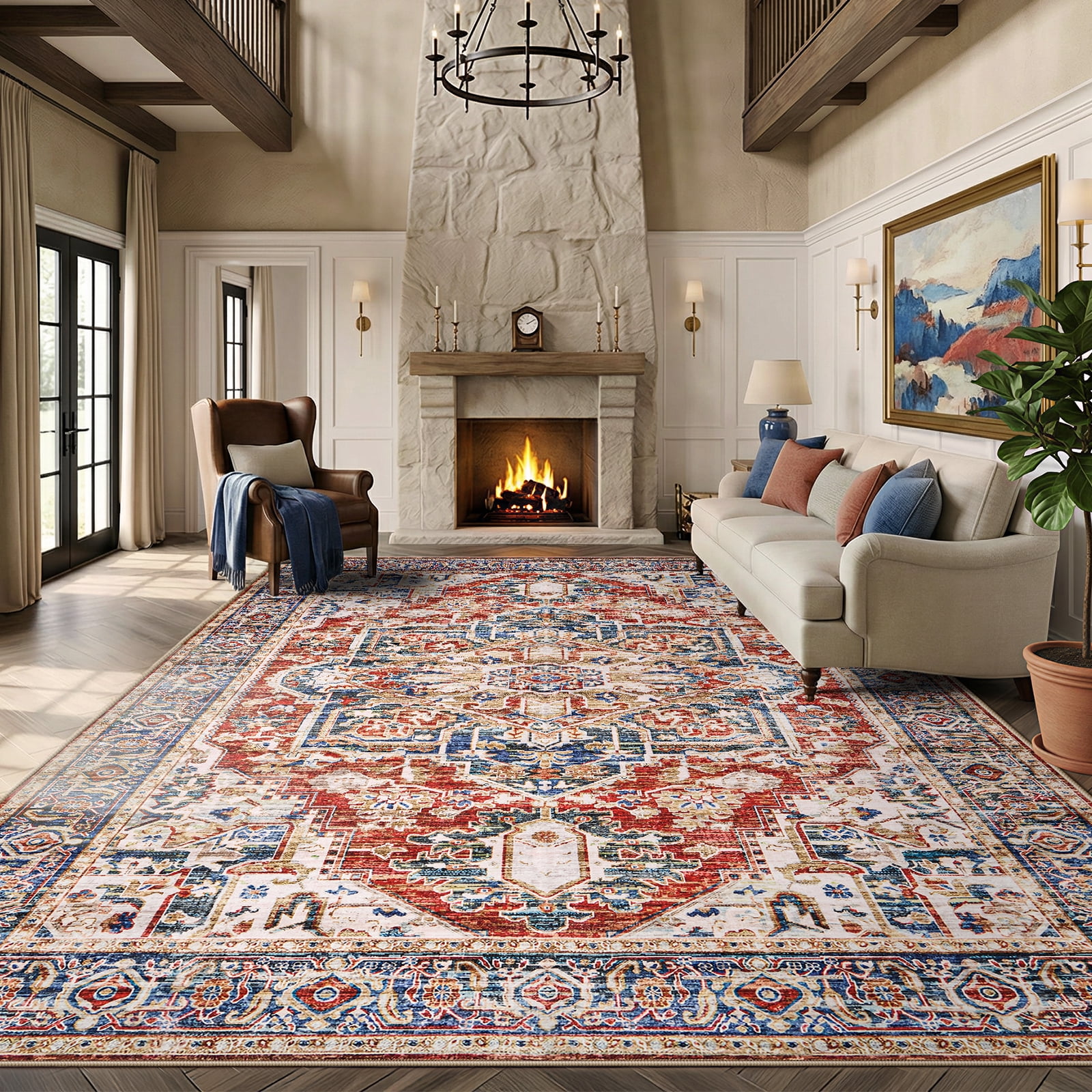 CHITOOMA 9'x12' Boho Area Rugs for Living Room, Machine Washable Area Rug with Non-Slip Backing, Stain Resistant Non-Shed Carpet for Bedroom, Dining Room, Dorm, Office