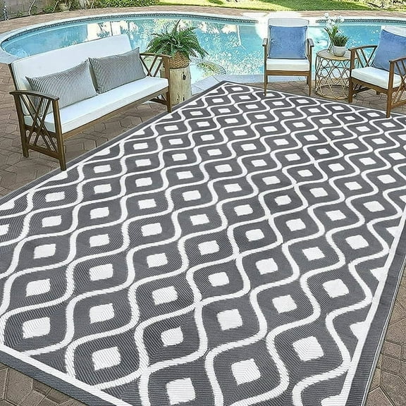 9'x12' Outdoor Rugs, MJIAexp Large RV Outdoor Mat, Reversible Outdoor Patio Rug, Plastic Straw Waterproof Area Camping Rug Modern Floor Mat for Patio, Backyard, Deck, Porch, Picnic, Beach, Gray
