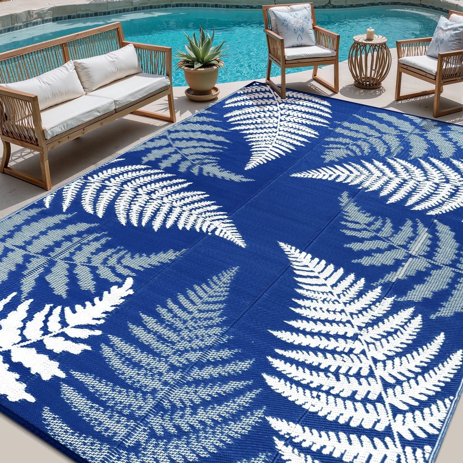9'x12' Outdoor Rugs for Patios, Yamaziot Patio Rug RV Mat, Waterproof Reversible Plastic Straw Camping Rug for Deck Porch Balcony Blue Beach Blanket