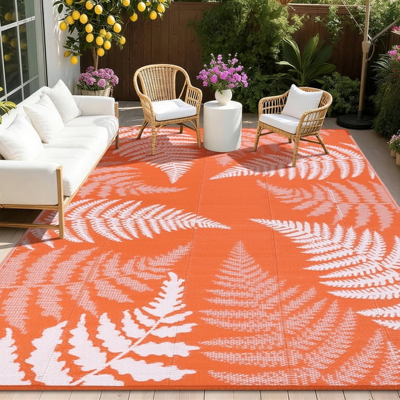 9'x12' Outdoor Rugs for Patios, Yamaziot Patio Rug RV Mats, Waterproof Reversible Plastic Straw Camping Rug for Deck Porch Balcony Beach Tropical, Palm Leaf Orange