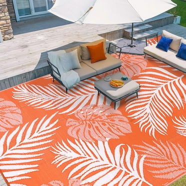 9'x12' Outdoor Rugs for Patios, Yamaziot Patio Rug RV Mat, Waterproof Reversible Plastic Straw Camping Rug for Deck Porch Balcony Beach Tropical Backyard, Palm Leaf Orange