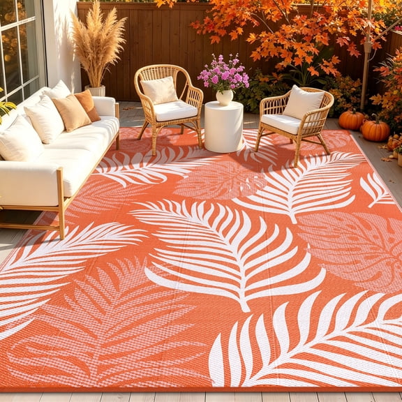 9'x12' Outdoor Rugs for Patios, Yamaziot Patio Rug RV Mat, Waterproof Reversible Plastic Straw Camping Rug for Deck Porch Balcony Beach Tropical Backyard, Palm Leaf Orange
