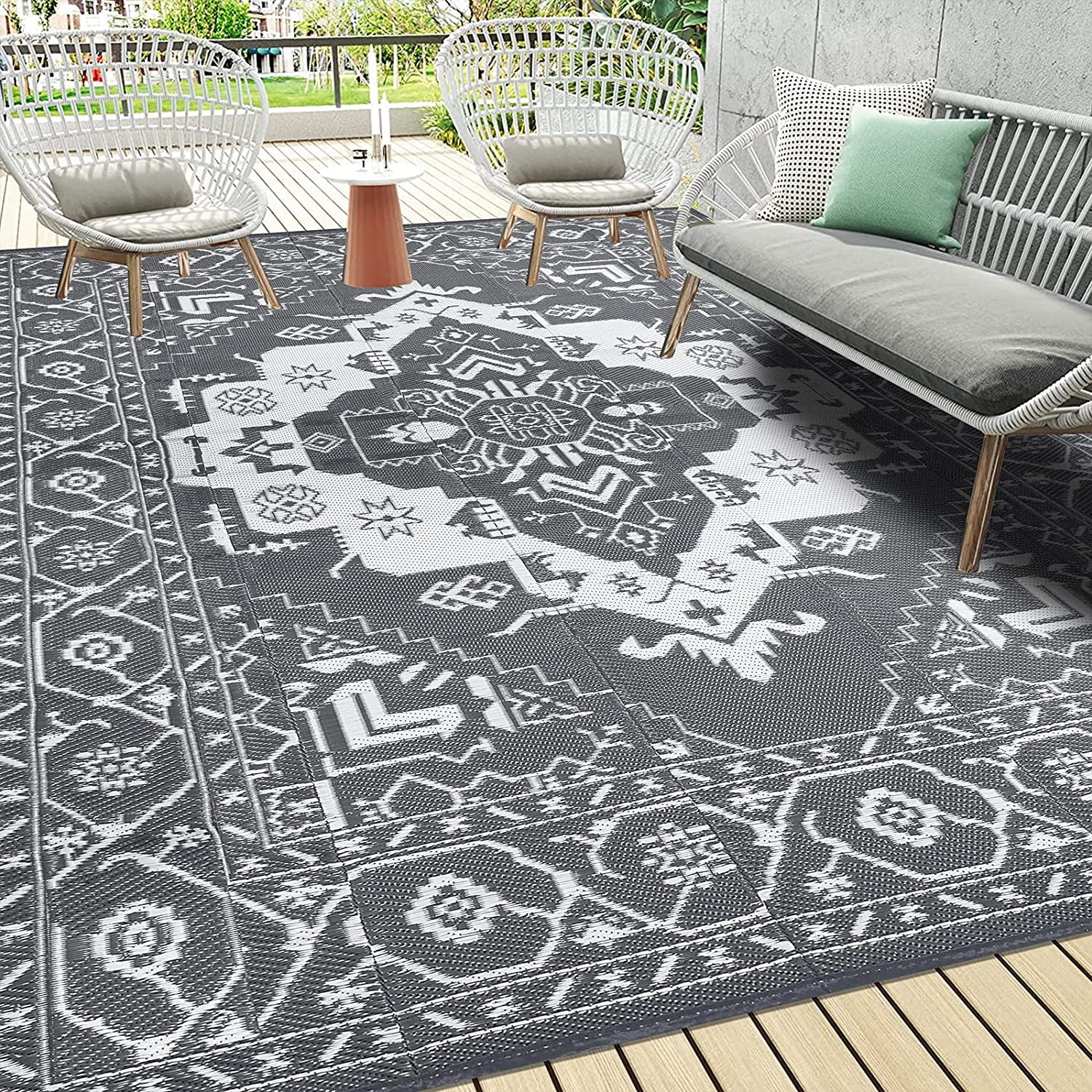 9'x12' Outdoor Rugs, Yamaziot Patio Rug Reversible RV Mats Outdoor Rug
