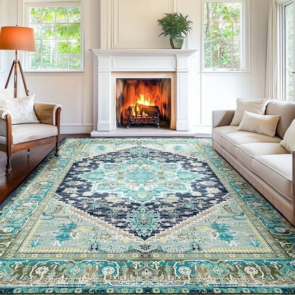 9'x12' Area Rugs, Machine Washable Non Slip Area Rug for Living Room, Soft Low Pile Vintage Print Pattern Indoor Bedroom Thin Carpet, Blue & Green