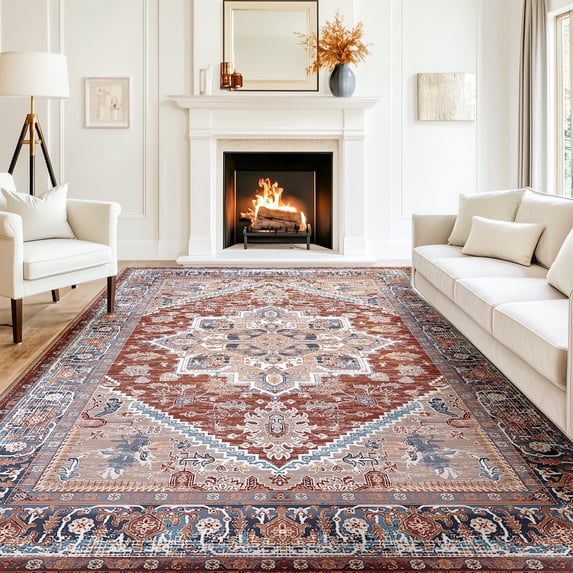 9'x12' Area Rugs, Machine Washable Non Slip Area Rug for Living Room, Soft Low Pile Vintage Print Pattern Indoor Bedroom Thin Carpet, Brick Red