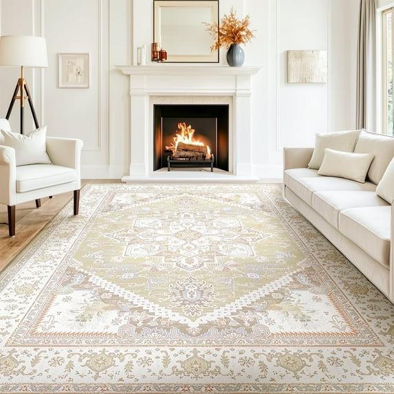 9'x12' Area Rugs, Machine Washable Non Slip Area Rug for Living Room, Soft Low Pile Vintage Print Pattern Indoor Bedroom Thin Carpet, Cream