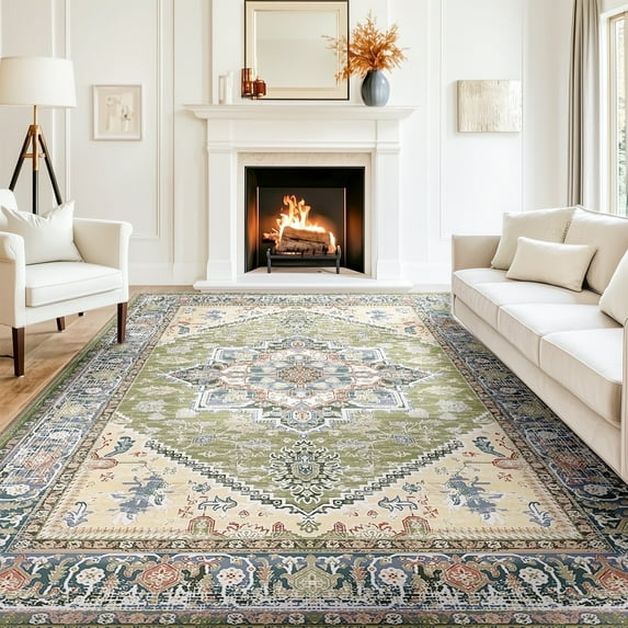 9'x12' Area Rugs, Machine Washable Non Slip Area Rug for Living Room, Soft Low Pile Vintage Print Pattern Indoor Bedroom Thin Carpet, Green
