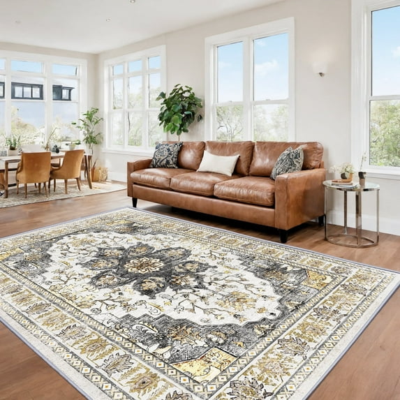 9'x12' Vintage Area Rugs,Soft Washable Distressed Thin Rugs for Living Room Bedroom,Non-Slip Foldable Indoor Carpet,Grey Brown