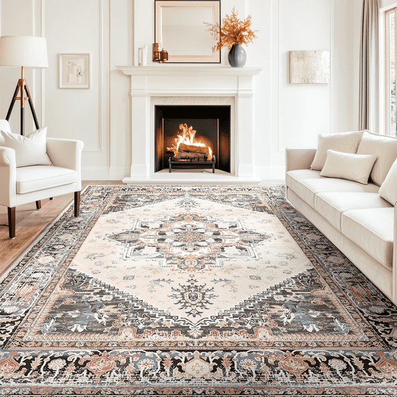 9'x12' Area Rugs, Machine Washable Non Slip Area Rug for Living Room, Soft Low Pile Vintage Print Pattern Indoor Bedroom Thin Carpet, Khaki