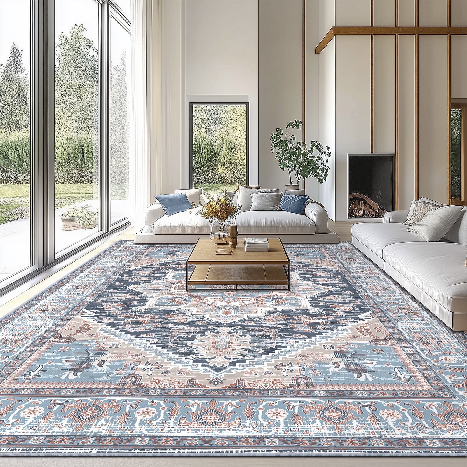 Blue and Red 9' x 12' Low Pile Wool and Synthetic Area Rug