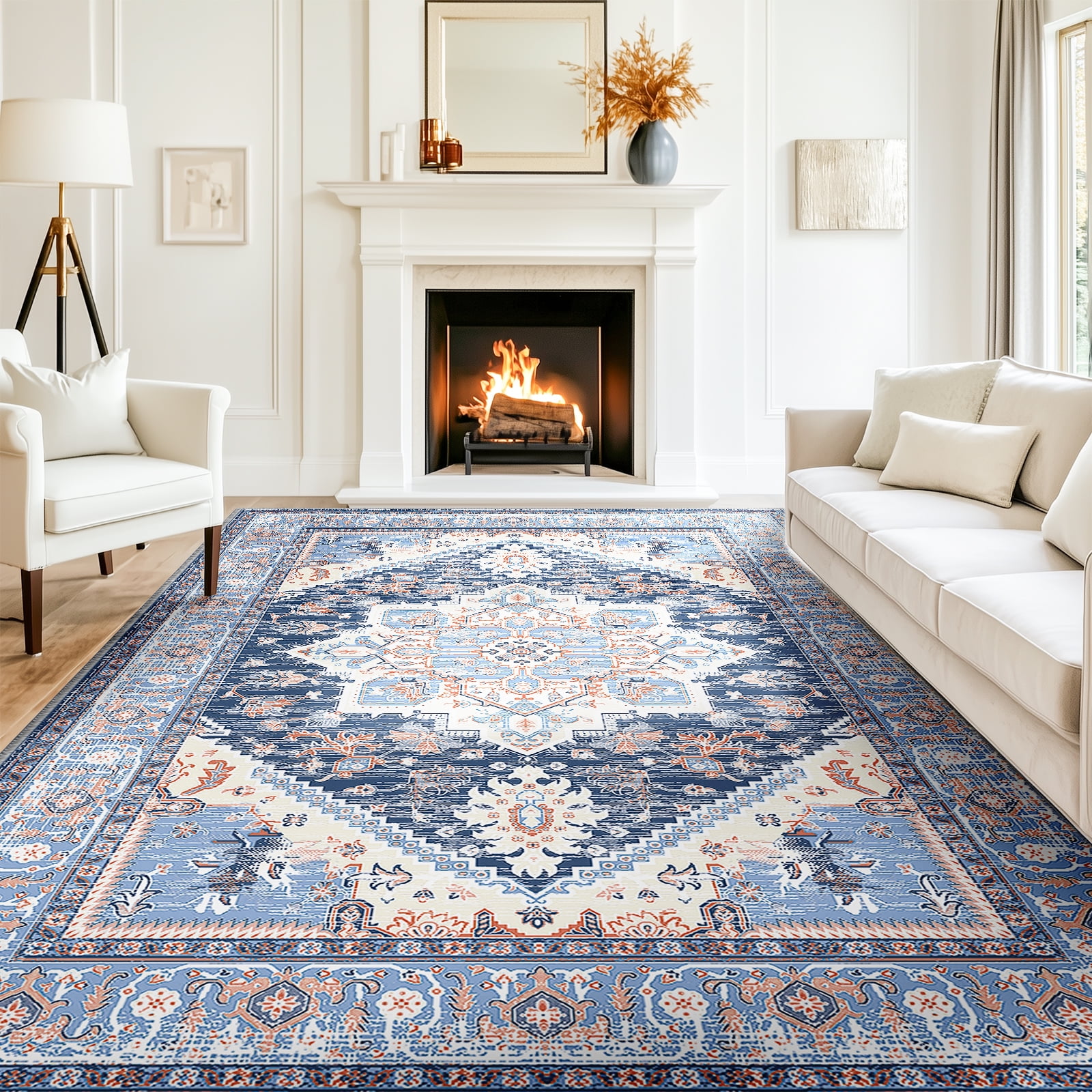Blue and Red 9' x 12' Low Pile Wool and Synthetic Area Rug