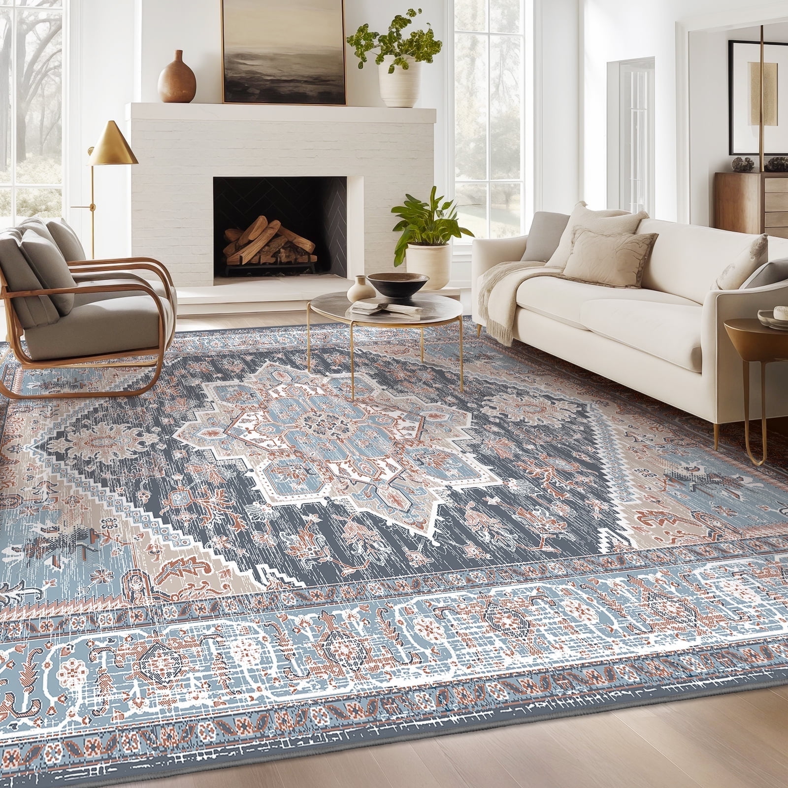 Blue and Red 9' x 12' Low Pile Wool and Synthetic Area Rug