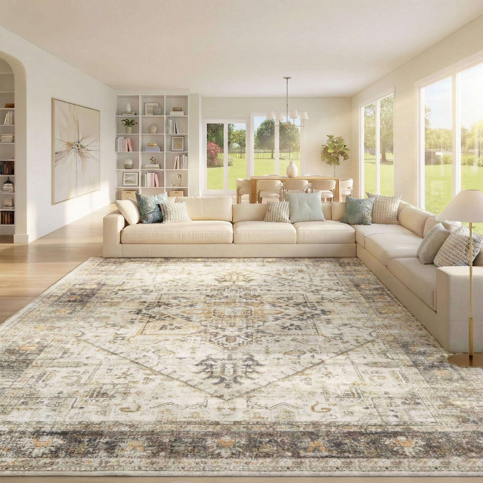 CHITOOMA 9'x12' Boho Area Rugs for Living Room, Machine Washable Area Rug with Non-Slip Backing, Stain Resistant Non-Shed Carpet for Bedroom, Dining Room, Dorm, Office