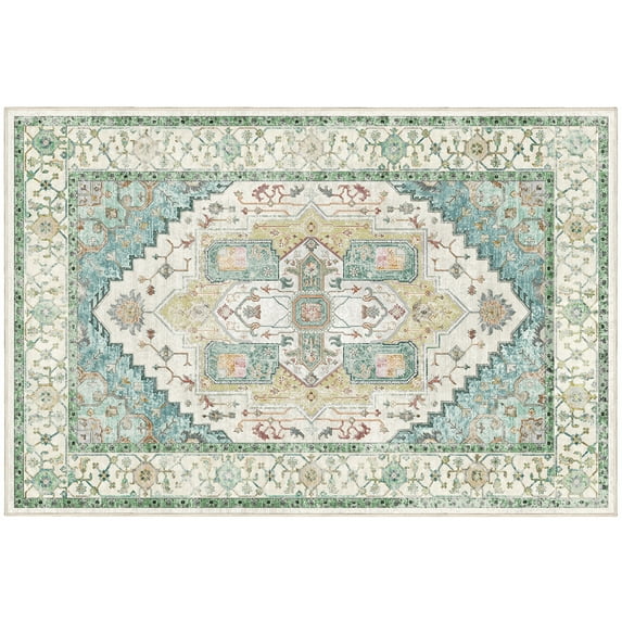 9'x12' Washable Area Rugs for Living Room,Traditional Vintage Thin Rugs,Non-Slip Persian Carpet,Brown Grass Green