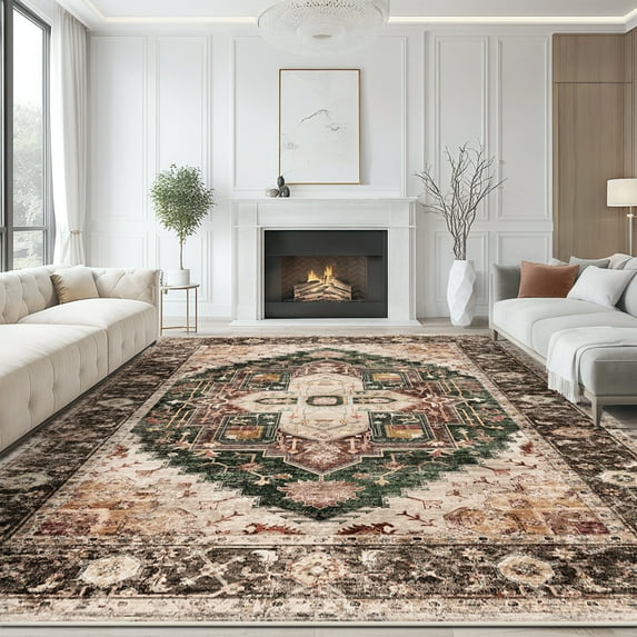 9'x12' Washable Area Rugs for Living Room,Traditional Vintage Thin Rugs,Non-Slip Persian Carpet,Brown Green
