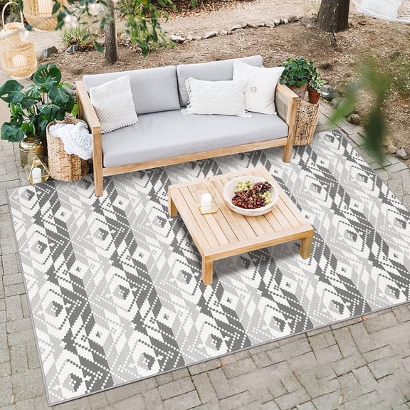 9'x12' ZACOO Repeating Geometric Pattern Plastic Straw Waterproof Outdoor Rug Reinforced Edges Carpet for Patio RV Campsite Porch , Black White