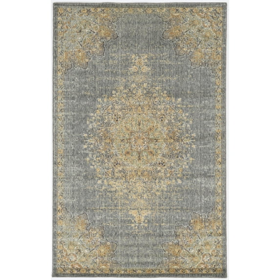 9'x13' Slate Grey Machine Woven Vintage Floral Medallion Indoor Area Rug