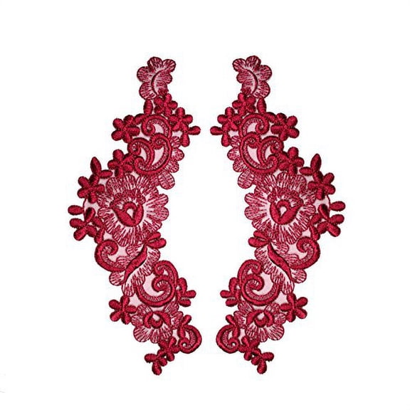 9"x3" Floral Embroidered Sheer Organza Motif Applique Patch by Pair (2 Pieces) (Burgundy)