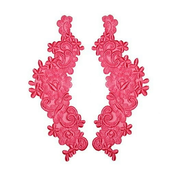 9"x3" Floral Embroidered Sheer Organza Motif Applique Patch by Pair (2 Pieces) (Fuchsia)