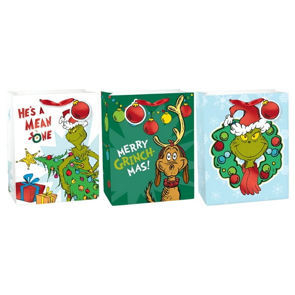 9"x7"x4" Grinch Medium Favor Bags With Satin Ribbon Handles -Pack Of 3 Assorted Designs (170872)