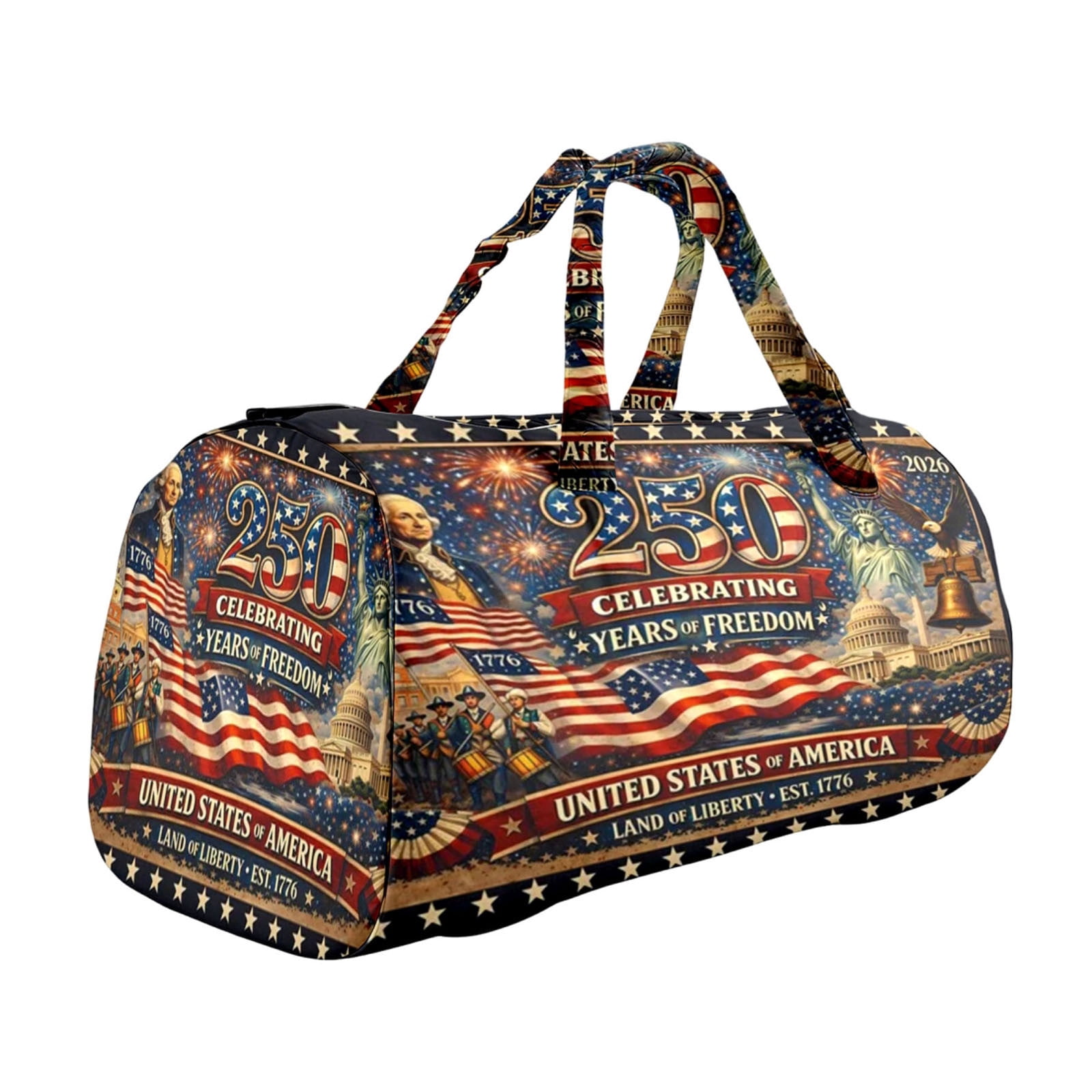 9"x9"x18" America 250th Anniversary âYears OF Freedomâ Heritage Handmade Hippie Van Quilted Duffle Bag, Declaration Of Independence Printed Hippie Van Quilted Duffle Bag, Boho Travel Bag