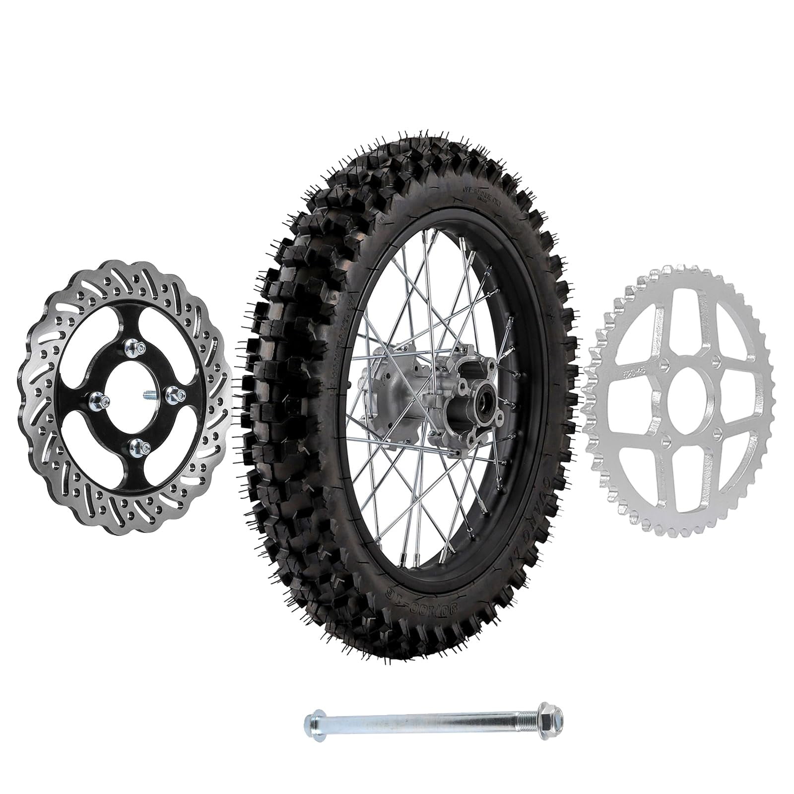 90/100-16 inch Pit Bike Rear Wheel Tire & Rim Combo with 15mm Bearing Axle Bolt & Brake Disc Rotor for Dirt Bike Motorcycle Off Road Motocross Apollo Taotao 125cc 150cc 160cc 200cc 250cc