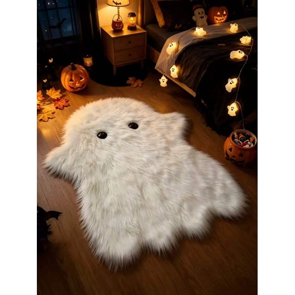 90*100cm Halloween Kawaii Ghost Shaped Plush Rug, White Fluffy Polyester Cute Ghost Floor Carpet, Anti Slip Soft Shaggy Area Mat For Bedroom Bedside Dorm Room Halloween Home Decor