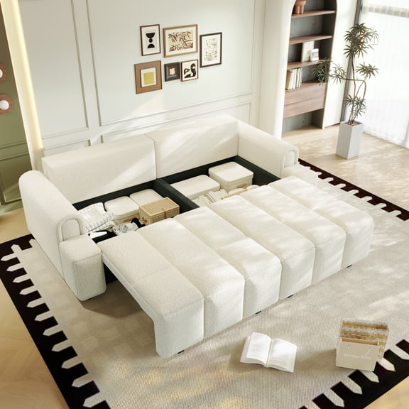 90.2" Comfy 4-Seater Modern Teddy Fabric Couch with Seats Storage, King Size 3-in-1 Convertible Sleeper Sofa Bed for Living Room, Office, Apartment (White)