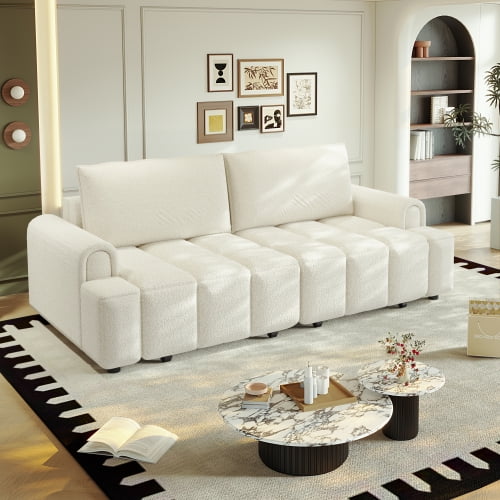 90.2" Comfy 4-Seater Sherpa Fleece Couch with Hidden Storage Chaise, 3-in-1 Convertible Sleeper Sofa Bed with Recliner and King-Size Bed for Living Room, Apartment, Office, White