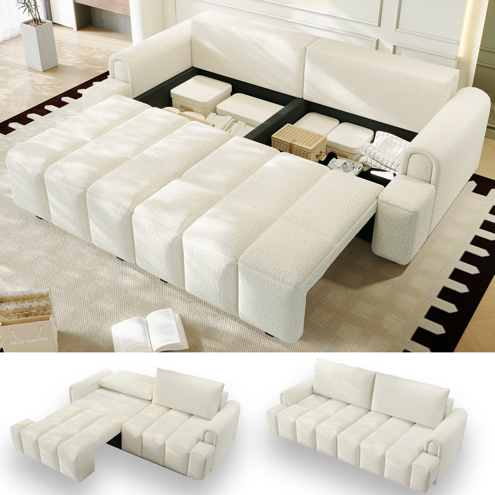 90.2'' King Pull Out Couch, 3-in-1 Convertible Sleeper Sofa Bed, Sherpa ...
